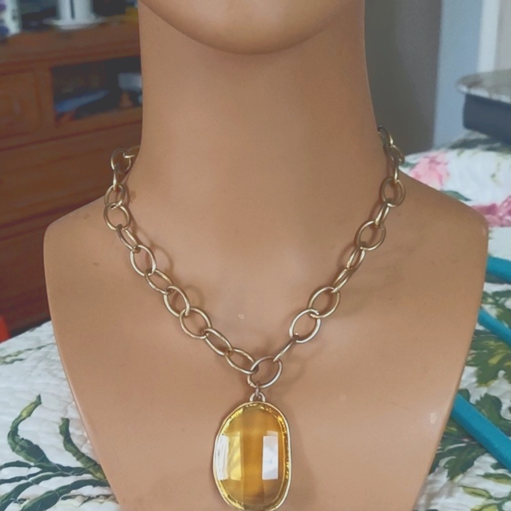 Vintage Yellow Faceted Oval Faux Crystal Gold Link Chain Necklace
